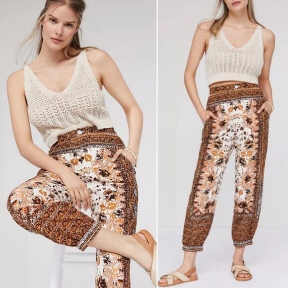 Anthropologie Bohemian Linen Blend Tan and Brown Floral Print Pants Size 26W - Picture 1 of 12